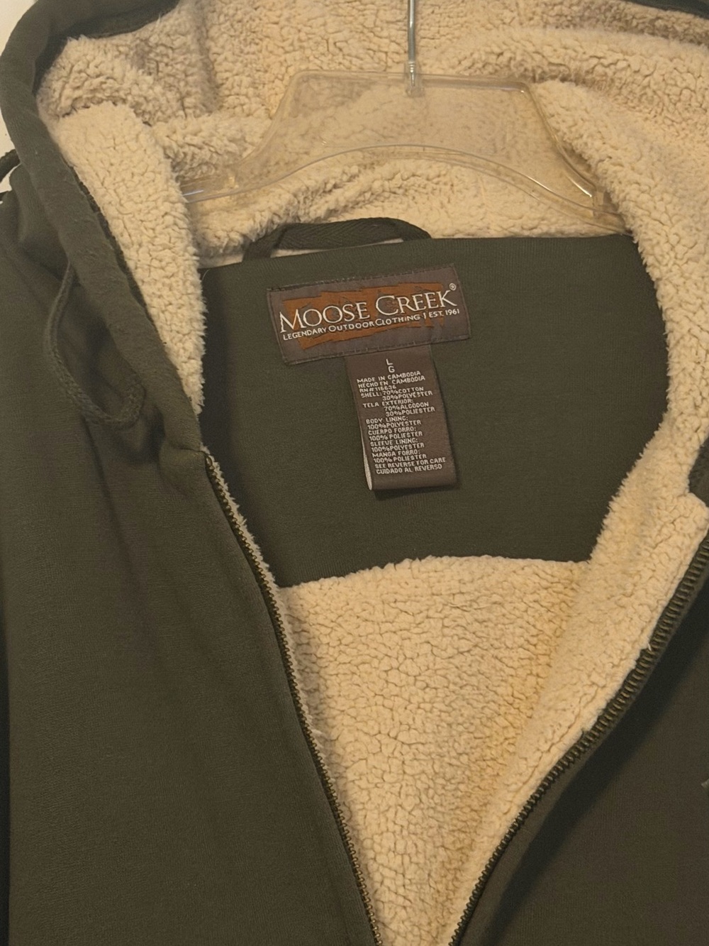 NWOT Moose Creek Sherpa-Lined Olive Green Zip Hoodie - Picture 2 of 4